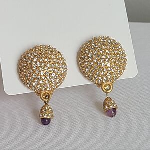 Vintage Leslie Block Chunky Gold Rhinestone Sphere Dangle Purple Earrings
